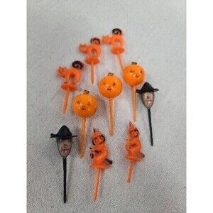 Vintage 1960s Halloween lot of 10 HARD PLASTIC Cake Toppers Witch JOL Black Cat